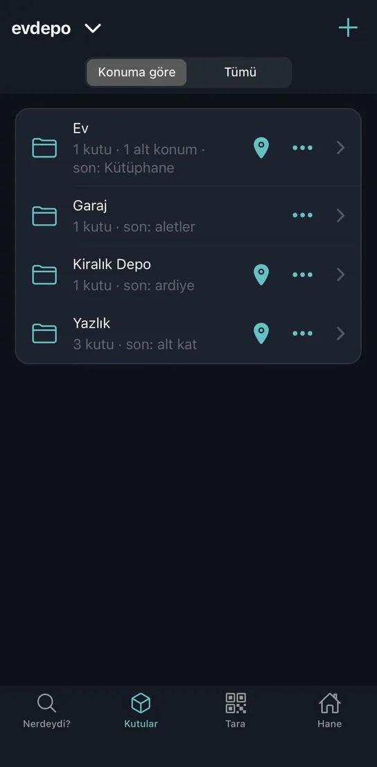 Nerdeydi uygulamasında Kutular ekranı: Ev, Garaj, Kiralık Depo ve Yazlık konumları kutu sayılarıyla listeleniyor